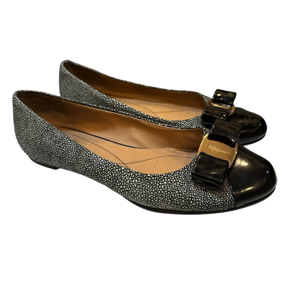 Salvatore Ferragamo Shoes - Salvatore Ferragamo Vara Bow Flats 7B – Stingray-Print Leather & Patent Cap Toe